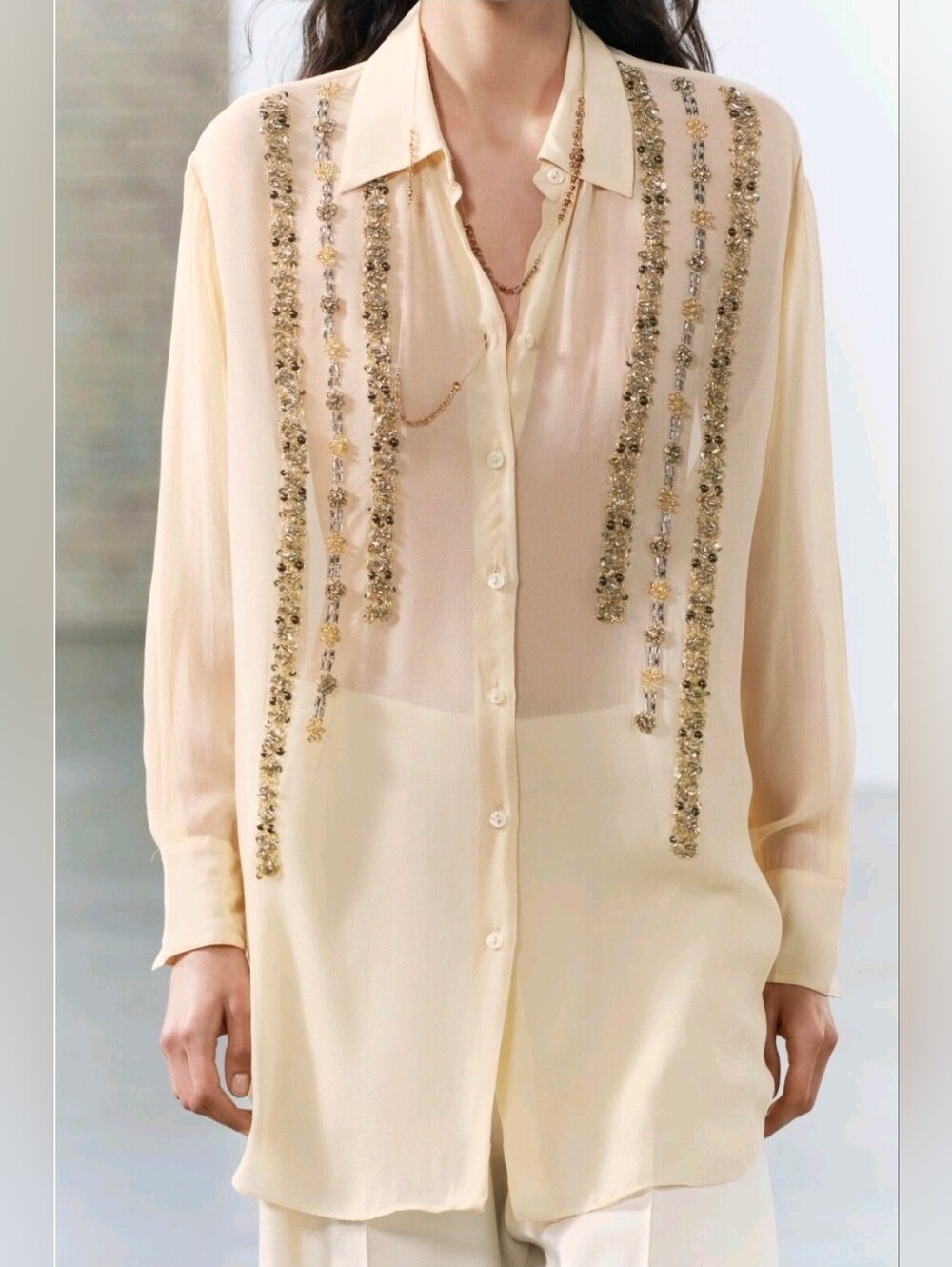 XS ZARA ZW Collection Sequin Oversized Shirt Blouse Top Size Small Beige Pink